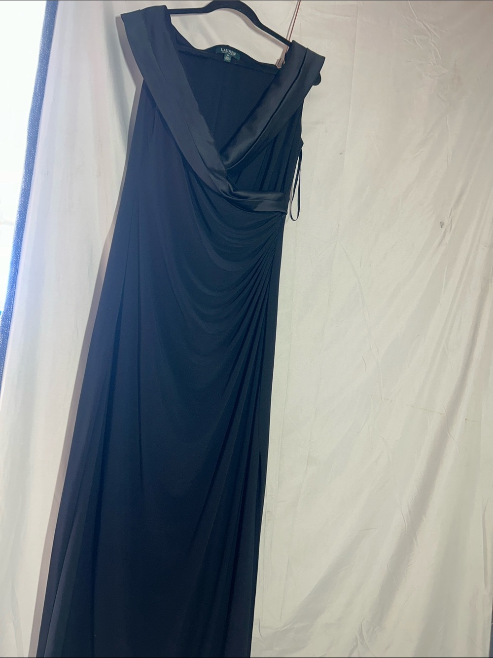 Polo by Ralph Lauren Black Draped Maxi Dress with Satin Trim